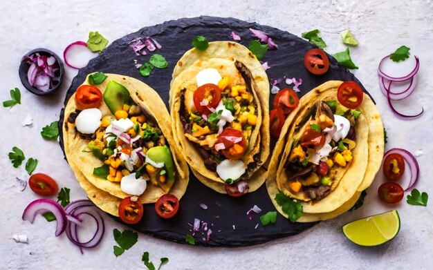 a variety of delicious tacos and accompanying sides beautifully arranged on a round wooden platter