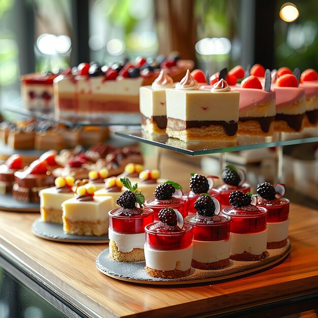 A variety of desserts are neatly arranged on the dessert table with indoor background bright backg