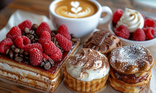 a variety of desserts including one with a cup of coffee and one of them has a cup of coffee