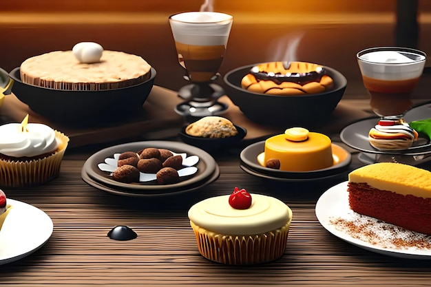 A variety of desserts on a wooden table