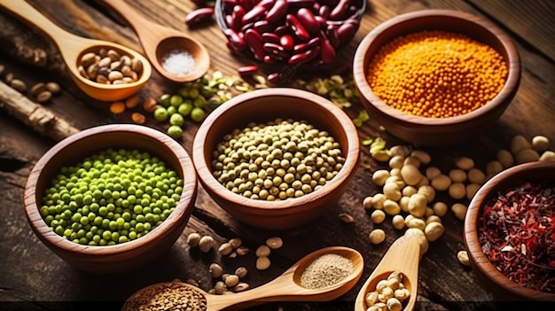 A variety of different colored lentils are on a table.