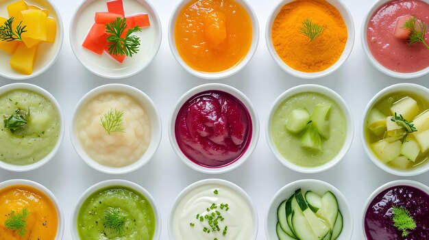 A variety of different colored sauces in small bowls on a white surface with a garnish garnish