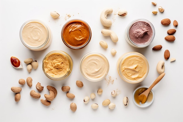 A variety of different flavors of peanut butter are on a white background.