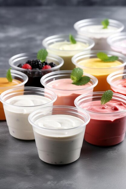 Photo a variety of different flavors of yogurt are on a table