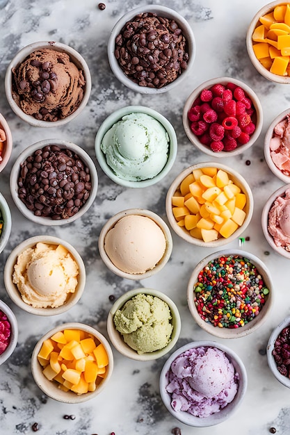 Photo a variety of different ice creams are displayed on a table