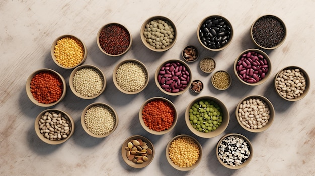 A variety of different kinds of beans are displayed on a table.