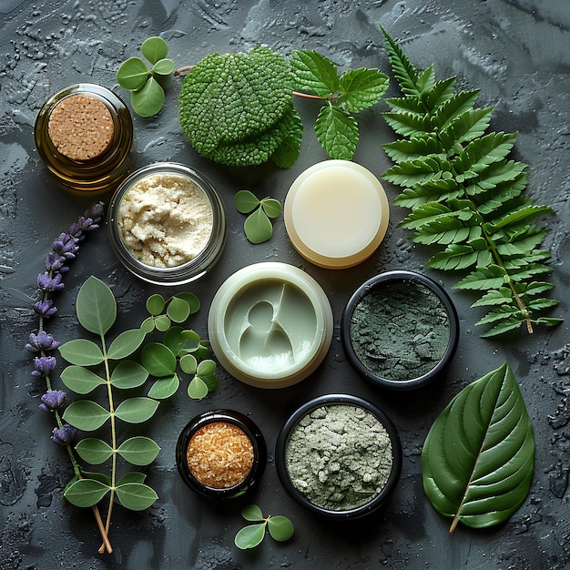 A variety of different types of body care products on a table with leaves and flowers around them on