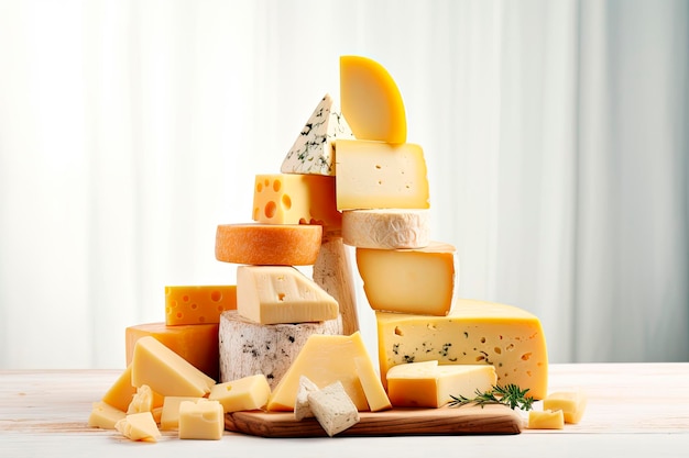 variety of different types of cheeses stacked on white wooden table