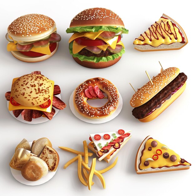 Photo a variety of different types of fast food including a burger cheeseburgers and other food amp drinks