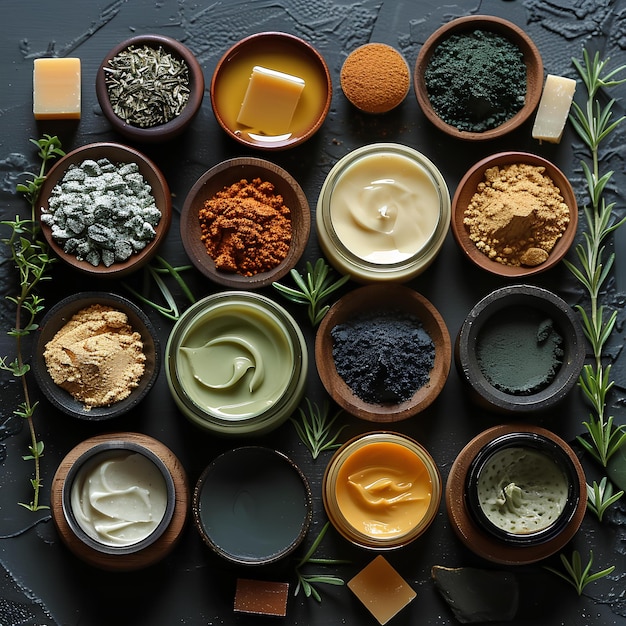 A variety of different types of food in bowls on a table with herbs and butters around them on a