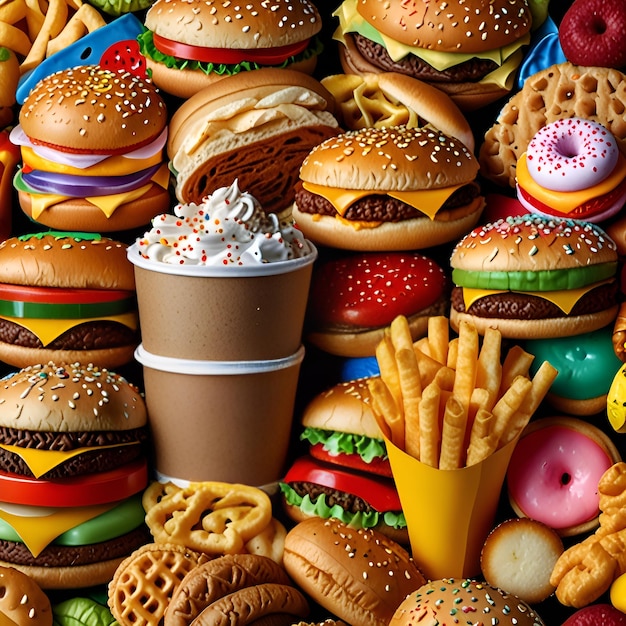 Photo a variety of different types of food including burgers and fries