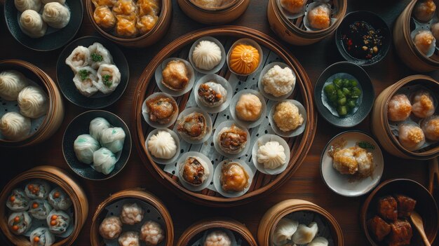 Photo a variety of dim sum dishes served in bamboo steamers and plates showcasing culinary delights