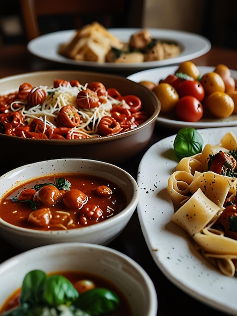 Photo a variety of dishes including pasta meat and vegetables are on a table