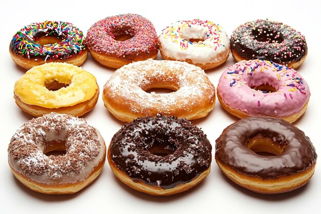 a variety of donuts are displayed on a table