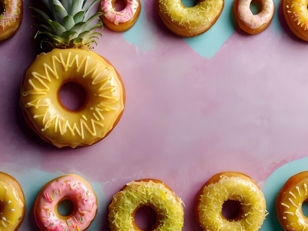 Photo a variety of donuts are on a pink surface