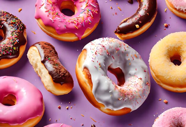 a variety of donuts are on a purple surface