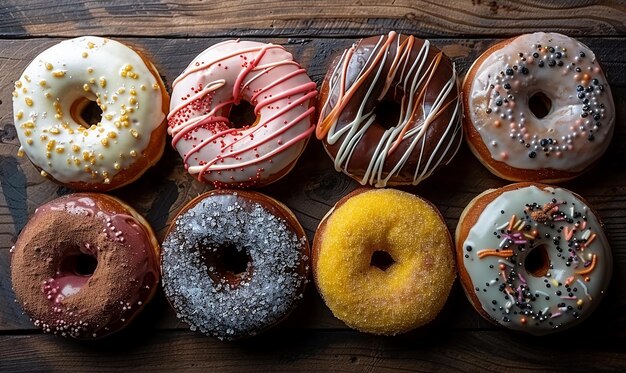 Photo a variety of donuts are on a table including one with one that says donuts