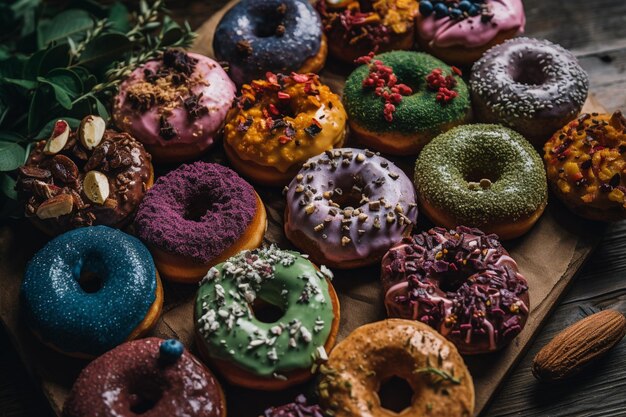 A variety of donuts are on a table.