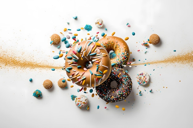 A variety of donuts are on a white surface.