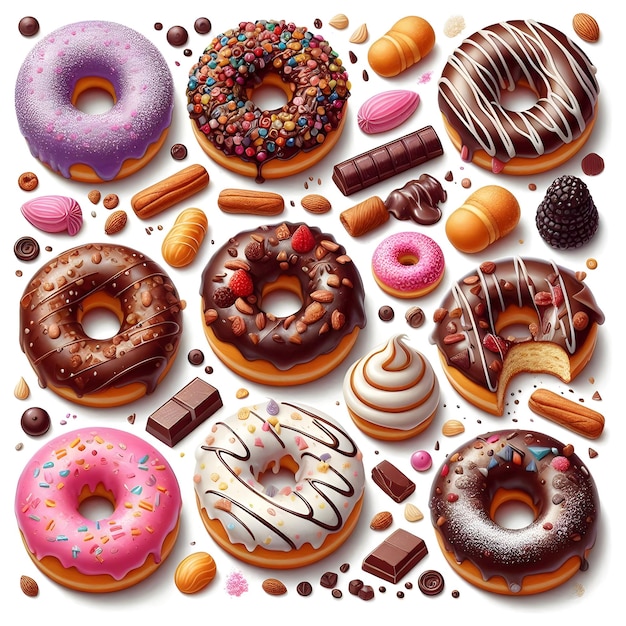 a variety of donuts including one that has chocolate and chocolate