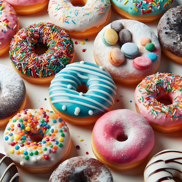 a variety of donuts including one with blue icing and sprinkles