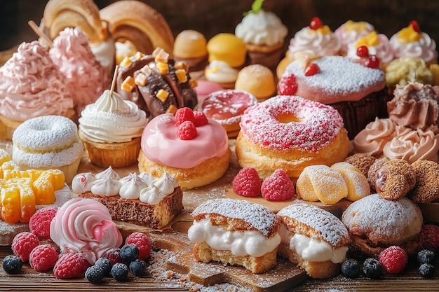 a variety of donuts and pastries are displayed on a table