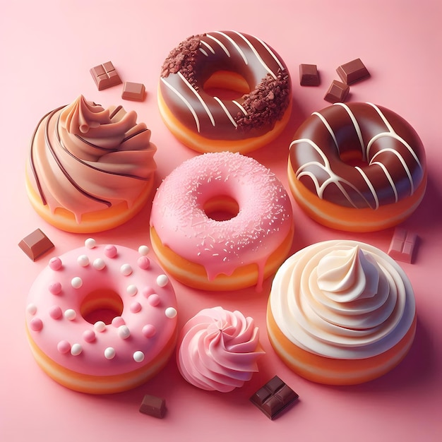 a variety of donuts with different flavors including one with chocolate and white frosting