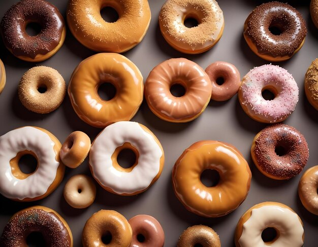 a variety of donuts with sprinkles on them are displayed on a marble surface