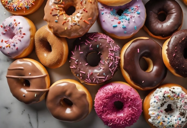 A variety of doughnuts with different toppings and icings including sprinkles closely