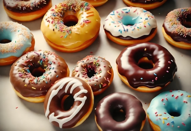 A variety of doughnuts with different toppings and icings including sprinkles closely