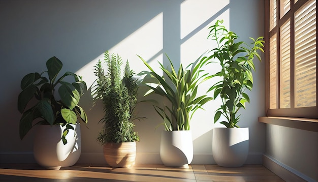 Variety of easy care and air purify indoor tropical house plants in white wall room with sunlight from window casting shadow on wood floor