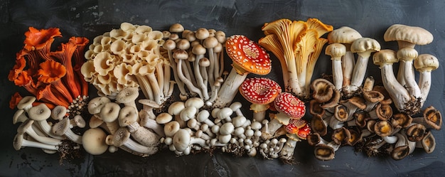 Variety of edible mushrooms arranged on a dark surface representing the autumn forest harvest