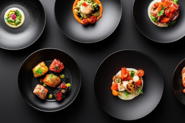 A variety of elegantly plated gourmet dishes on black plates showcasing culinary art