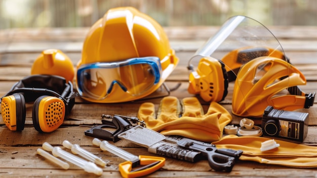 A variety of essential construction safety gear including helmets goggles gloves and ear protection arranged on a wooden surface