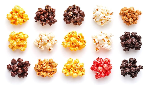 Photo variety of flavored popcorn isolated on white background