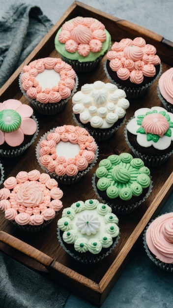 Photo variety of floral decorated cupcakes assorted frosting designs on wooden tray