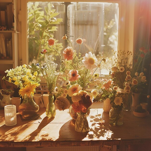 Photo a variety of flowers arranged in vases on a rustic table