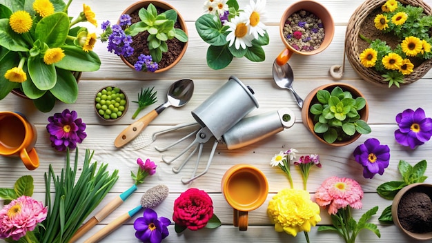 Photo a variety of flowers and a spoon are on a table