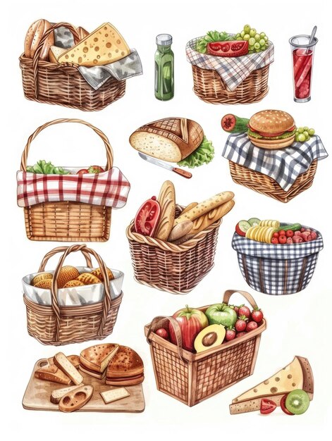 Photo a variety of food baskets filled with fresh produce and baked goods