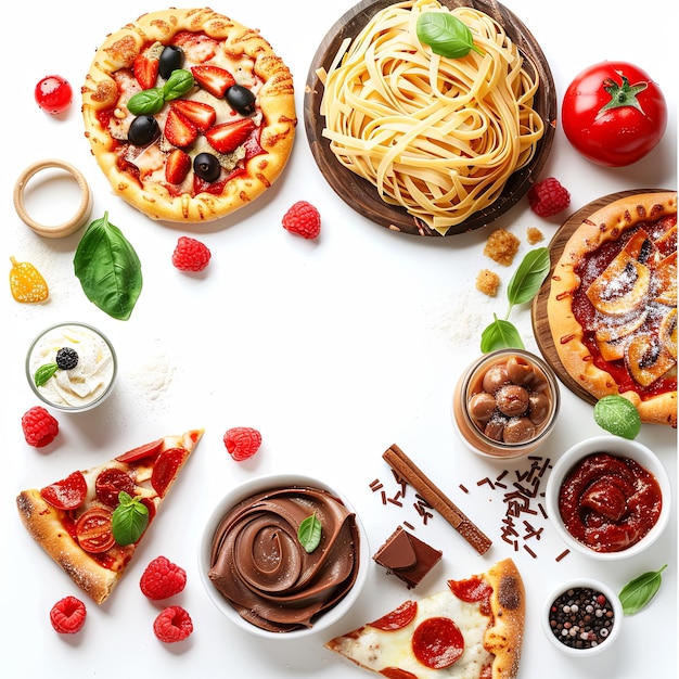 A variety of food and dishes are displayed on the table