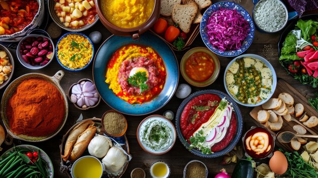 Photo variety of food on display on a table passover