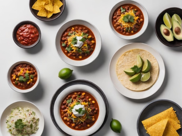 a variety of food including beans salsa and guacamole are displayed on a table