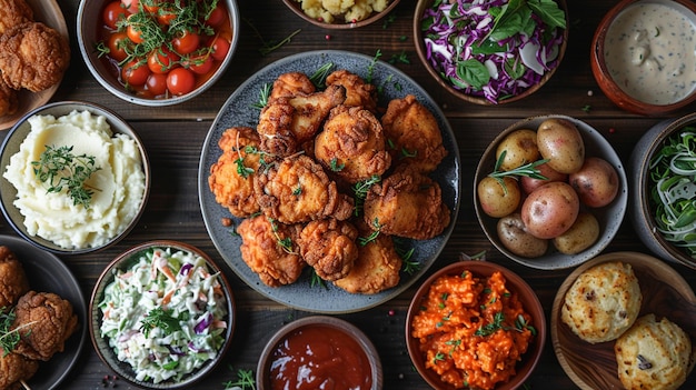 variety of food including fried chicken salad and salad