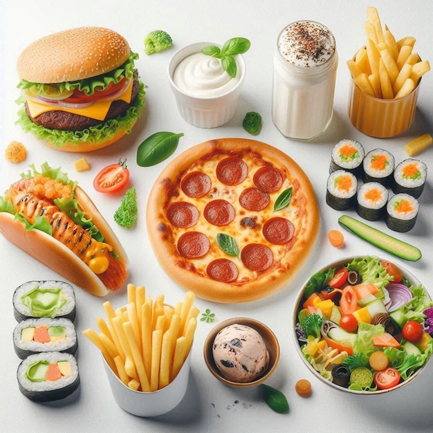 a variety of food including a pizza fries and salad