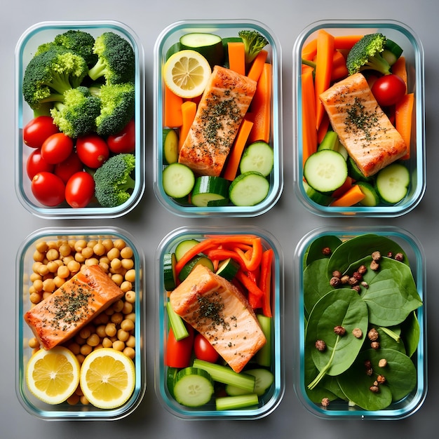 Photo a variety of food including salmon broccoli and tomatoes