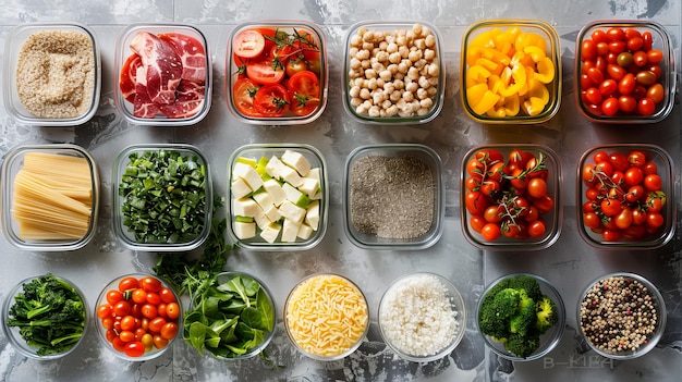 A variety of food items are displayed in clear glass containers