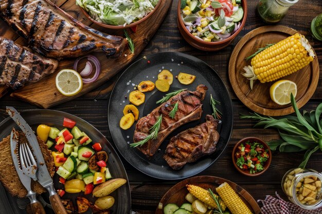 A variety of food items displayed on a table from a topdown perspective including meats vegetables