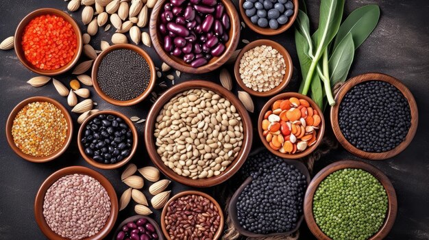 A variety of foods are shown in bowls and one of them is labeled as beans, lentils, and other foods.