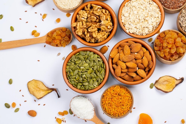 A variety of foods are shown on a white background.