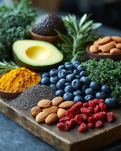 Photo a variety of foods including almonds broccoli and almonds